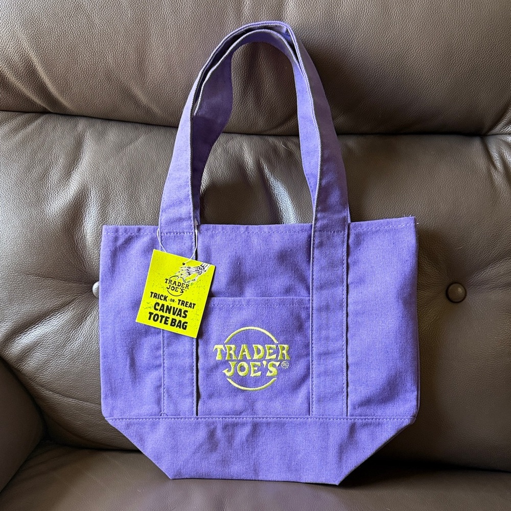 Traders Joes Purple with Green Lettering Trick OR Treat Canvas Tote Bag NEW